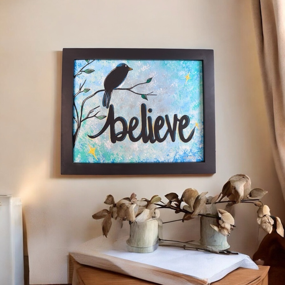 Original Framed “Believe” Acrylic Painting Bird Inspirational Wall Art